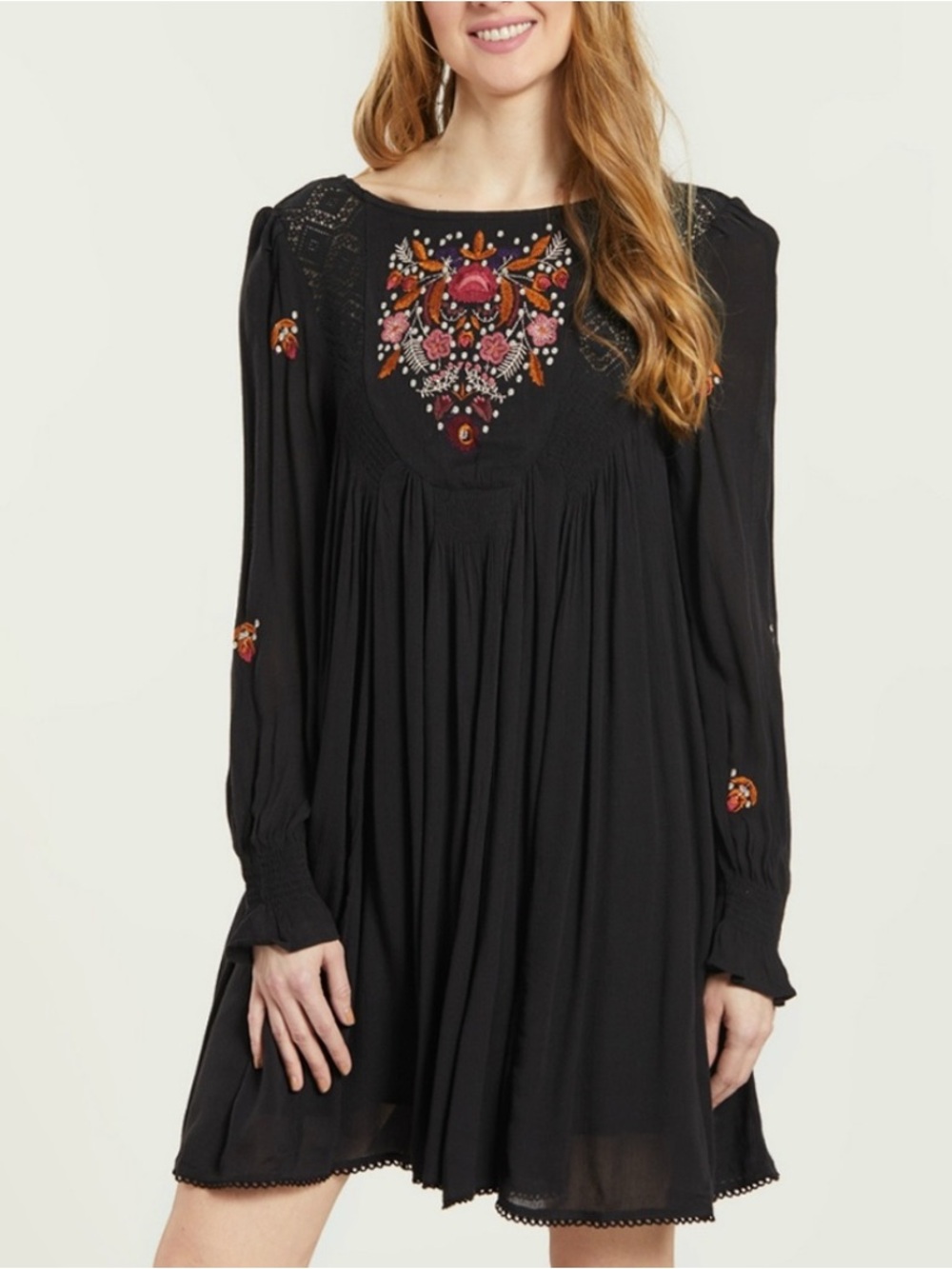 Free People Black Embroidered Boho Swing Dress Long Sleeve Small